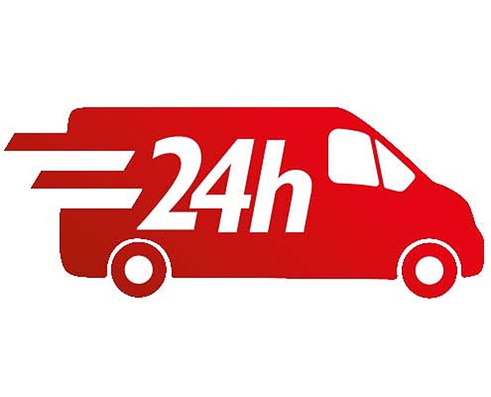 Rotes Symbol eines Transporters mit 24h-Schriftzug