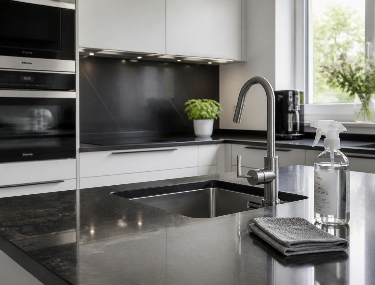 Frisch gereinigte Küche mit sauberer Arbeitsplatte und Spüle